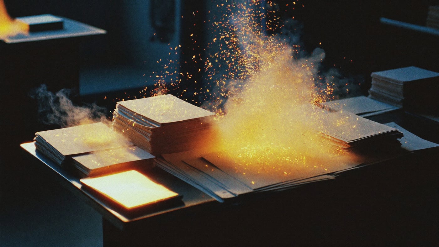 Stacks of printed guest lists lifting and dissolving upward into warm amber embers and light — the paperwork burning away.