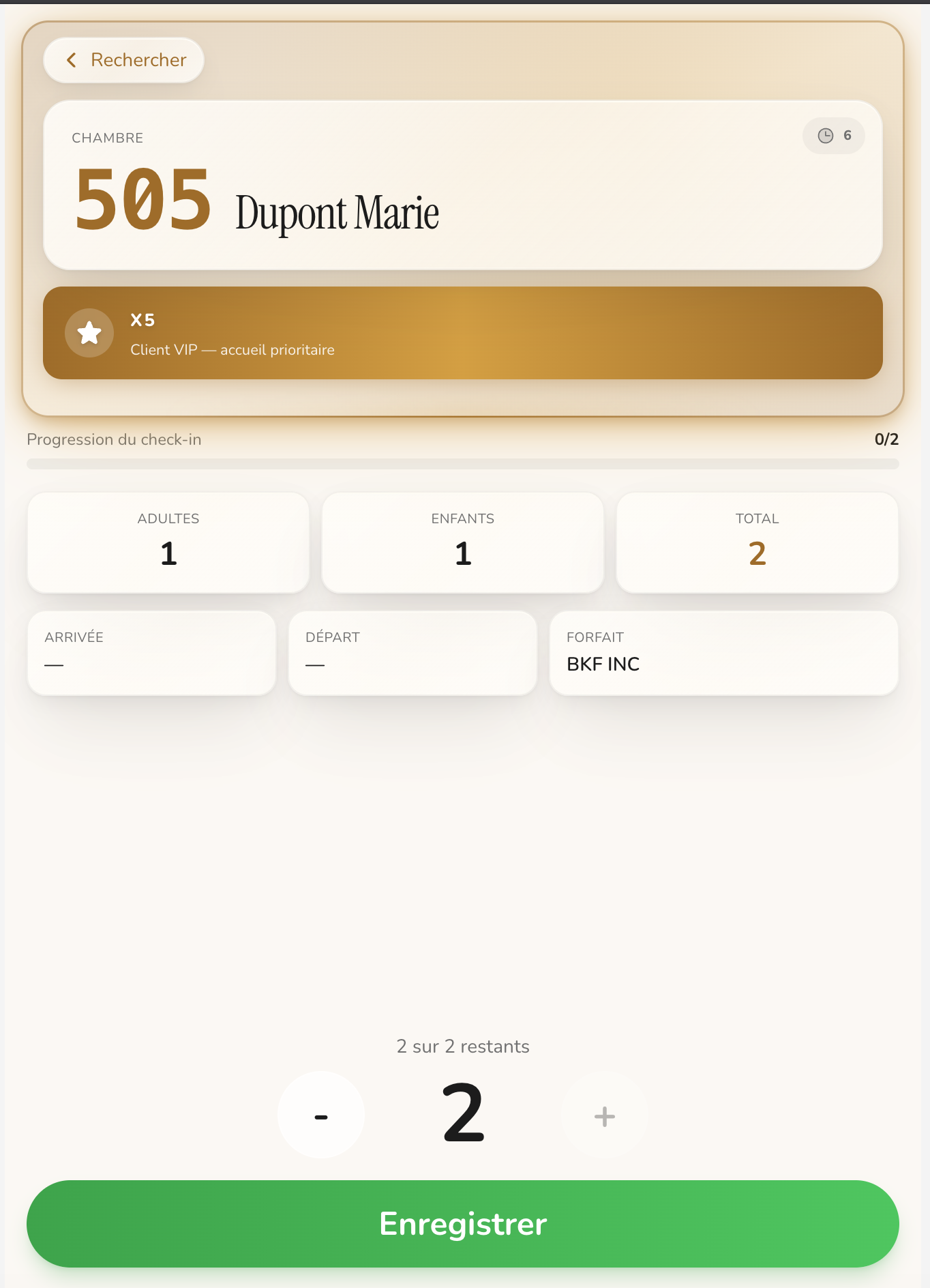 The guest screen — room 505 flagged Client VIP with priority welcome and breakfast included, recognized before she reaches the buffet.